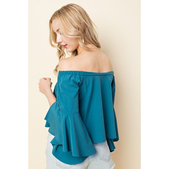 Women's Off Shoulder Buttoned Asymmetrical Bell Sleeve Top with Elastic Band - Picture 8 of 10